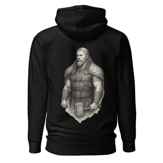 Norse warrior hoodie with hammer and raven artwork – Bound By Heritage