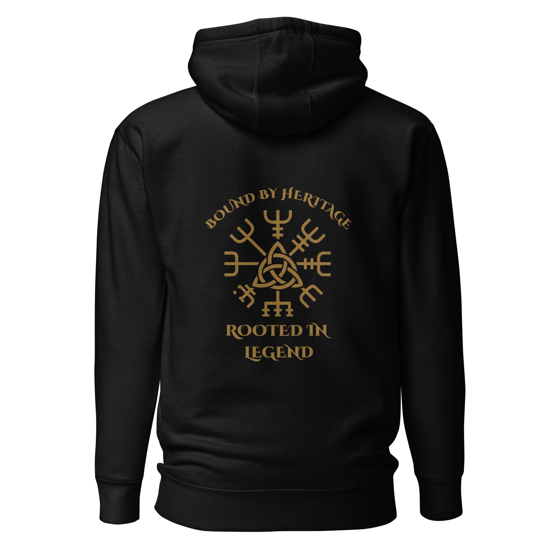 Black hoodie featuring gold heritage emblem and Rooted in Legend text