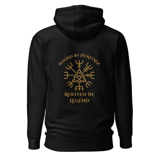 Black hoodie featuring gold heritage emblem and Rooted in Legend text
