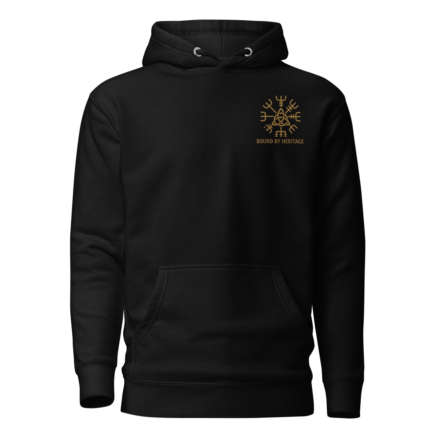 Black hoodie with small Bound By Heritage logo on chest – Norse collection